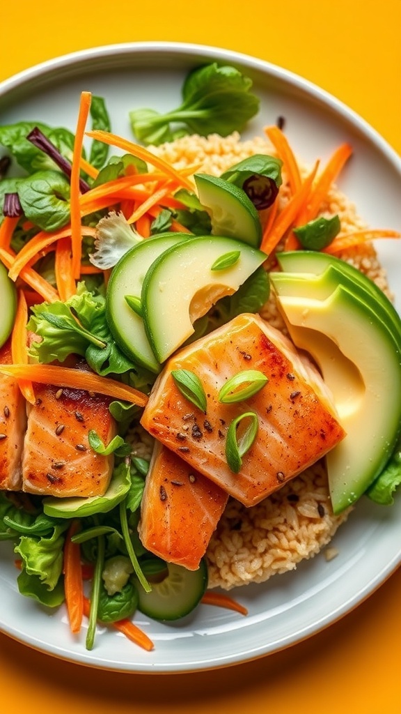Crispy Rice Salmon Salad Recipe Crispy rice salmon salad with rice cakes, seared salmon, mixed greens, cucumber, carrot, and avocado, garnished with sesame seeds and green onions.